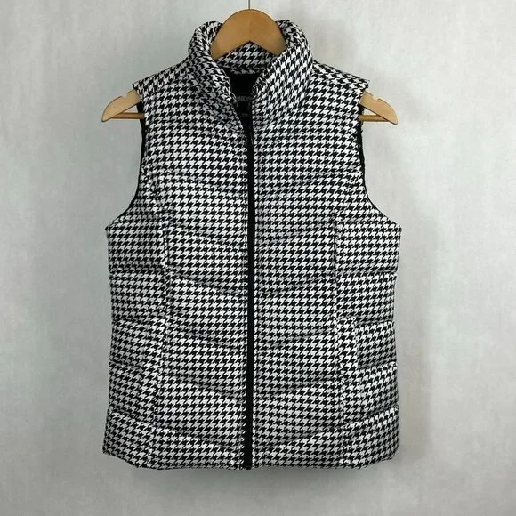 Lands' End Puffer Vest Womens Sz Small 6-8 Black White Houndstooth Check Zip Fro - Picture 1 of 8